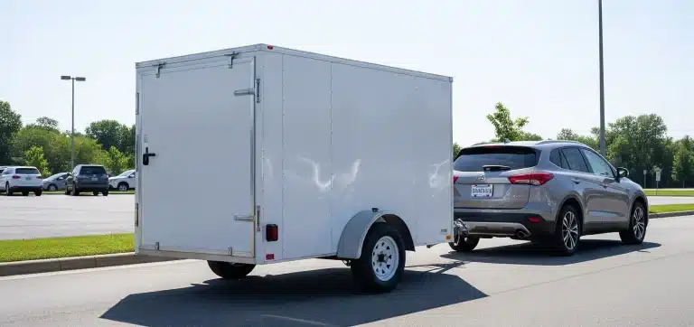 A small enclosed trailer hitched to a compact car