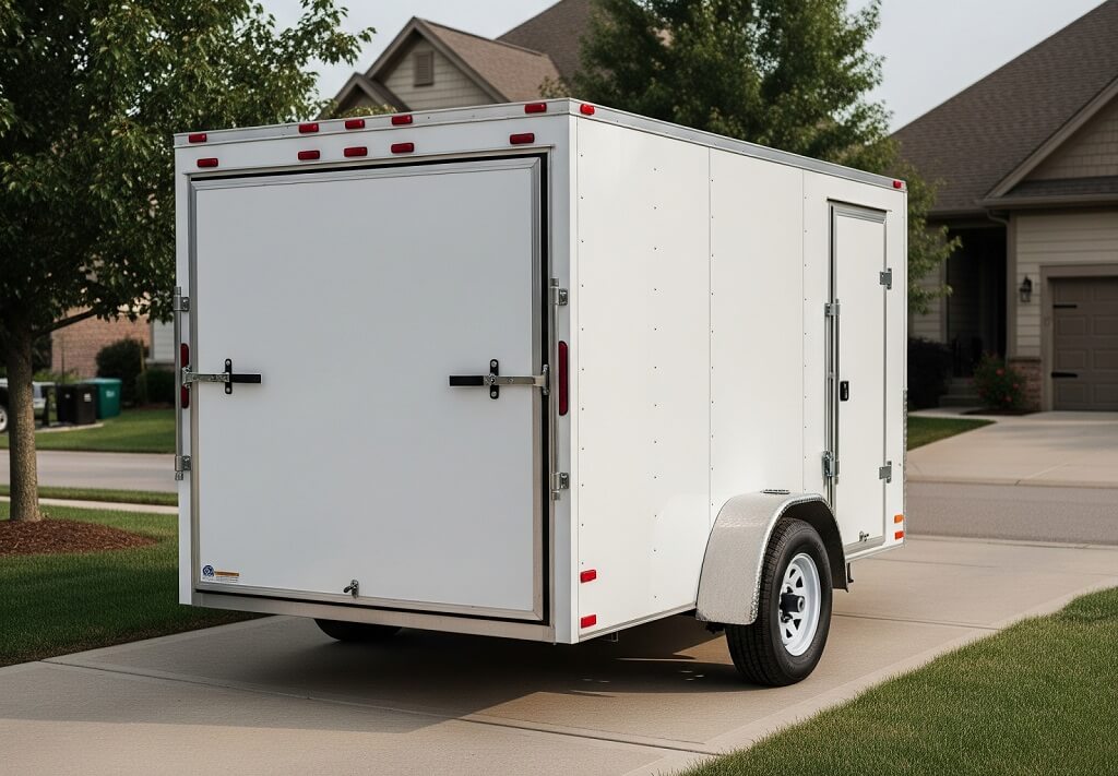 A small enclosed utility trailer parked in a lot