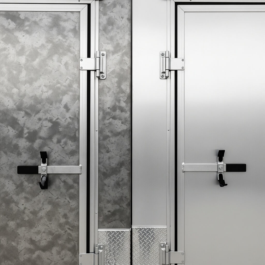 Close-up comparison of steel and aluminum trailer materials