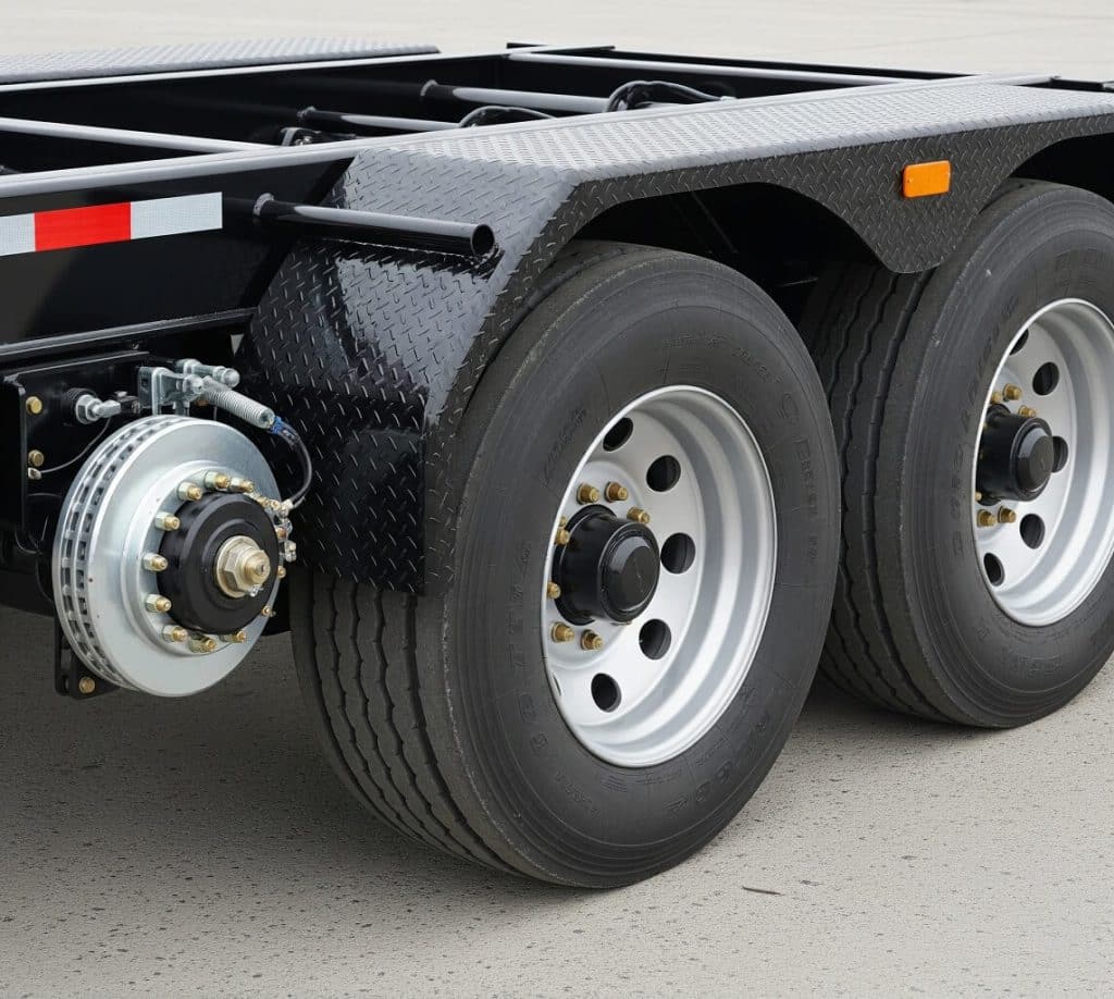 Close-up of a double axle enclosed trailer’s wheels and frame
