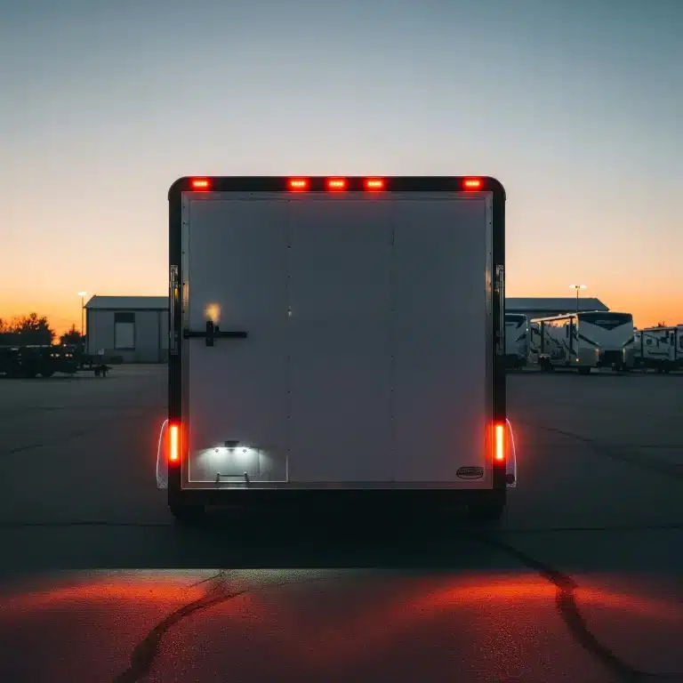 The rear of an enclosed trailer with its lights turned on at dusk