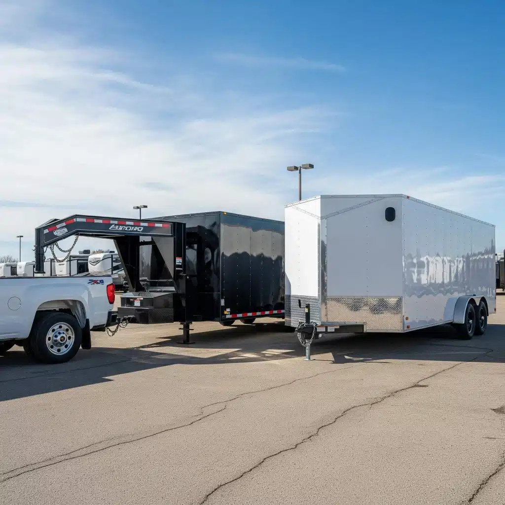 Two enclosed trailers, one gooseneck and one bumper pull, parked side by side