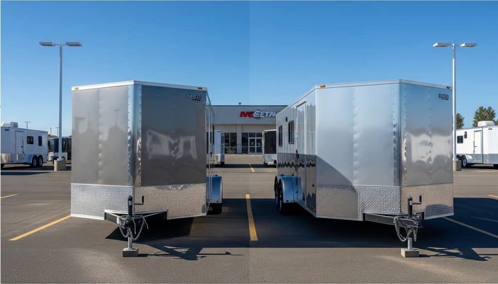 Two enclosed trailers side by side, one steel and one aluminum