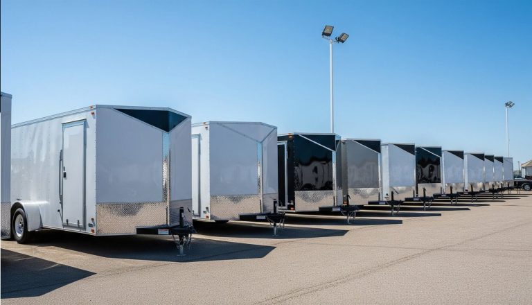 A lineup of different enclosed trailers on a dealership lot