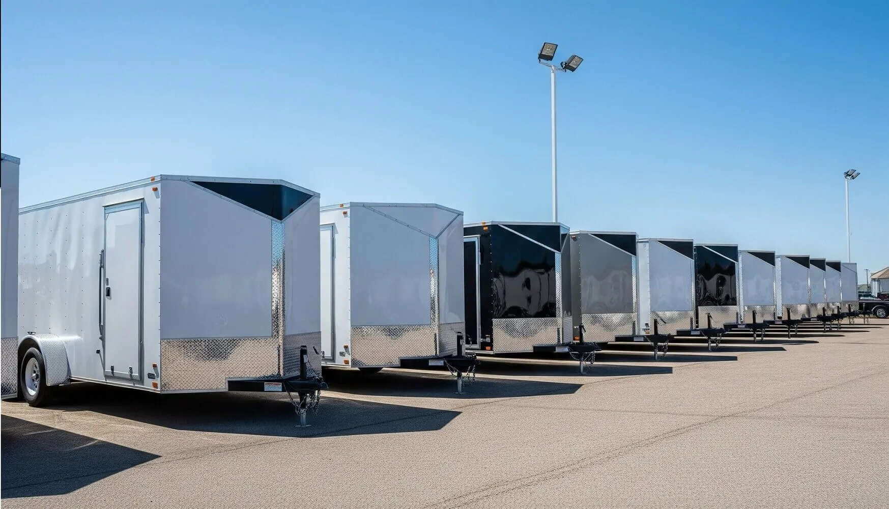 A lineup of different enclosed trailers on a dealership lot