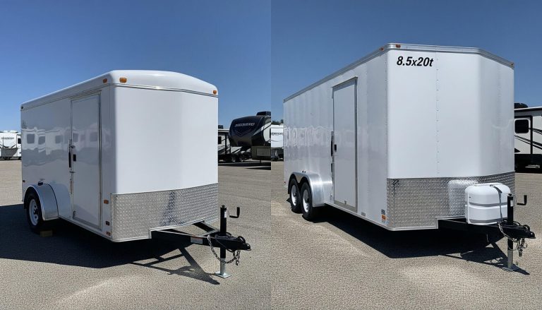 A small enclosed utility trailer next to a larger enclosed equipment trailer