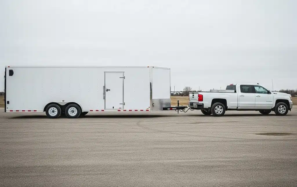 A large enclosed utility trailer hitched to a pickup truck