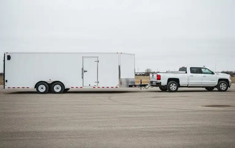 A large enclosed utility trailer hitched to a pickup truck