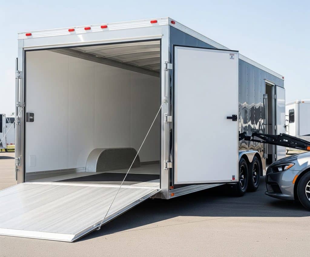 An enclosed car hauler trailer with its ramp door open