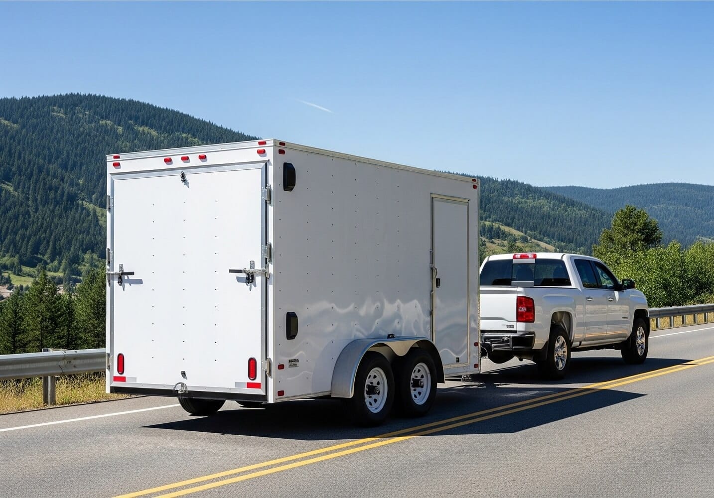 Enclosed cargo trailer being towed by a modern pickup truck on a sunny highway