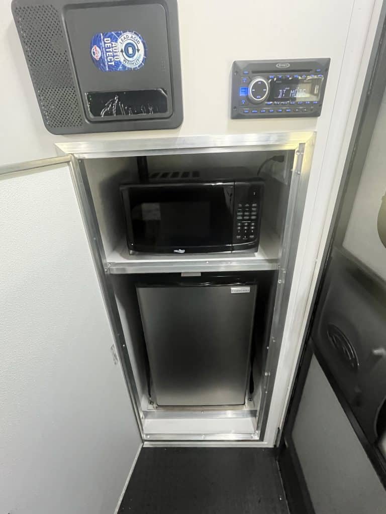 Microwave and mini fridge.