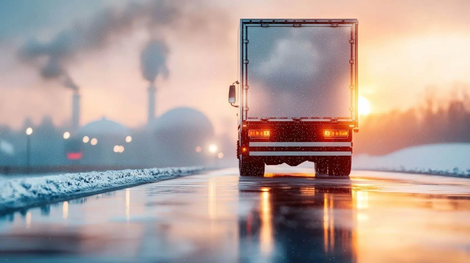 A delivery truck reversing on an empty road.