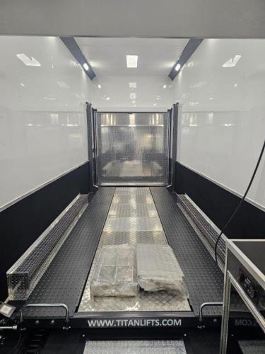 Custom Enclosed Gooseneck Stacker Trailer Rear Interior Lift View