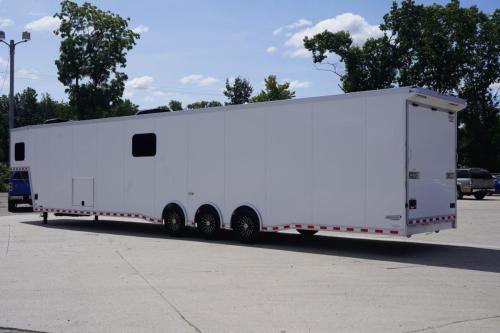 Custom Enclosed Gooseneck Trailer with Bathroom Rear Roadside View