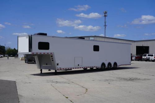 Custom Enclosed Gooseneck Trailer with Bathroom Front Roadside View