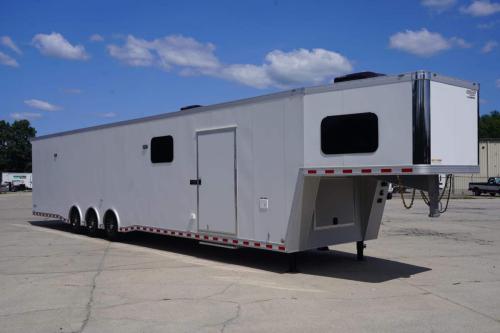 Custom Enclosed Gooseneck Trailer with Bathroom Front Curbside View