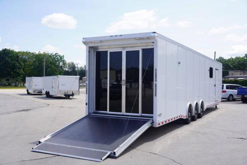 Custom Enclosed Gooseneck Trailer with Bathroom Rear Curbside View